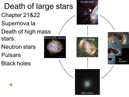 Death of large stars Chapter 21&22 Supernova Ia Death of high mass stars: Neutron stars Pulsars Black holes.