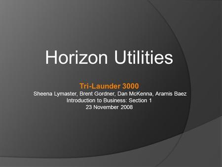 Horizon Utilities Tri-Launder 3000 Sheena Lymaster, Brent Gordner, Dan McKenna, Aramis Baez Introduction to Business: Section 1 23 November 2008.