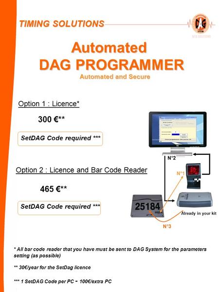 Automated DAG PROGRAMMER Option 1 : Licence* 300 €** Option 2 : Licence and Bar Code Reader SetDAG Code required *** 465 €** * All bar code reader that.