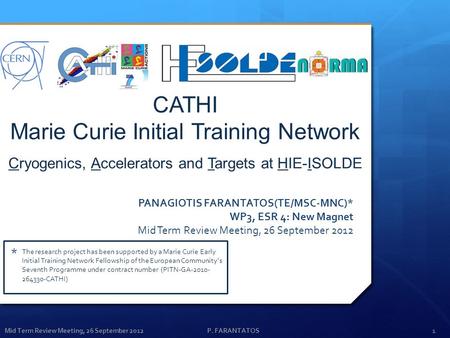 Mid Term Review Meeting, 26 September 2012P. FARANTATOS1 * The research project has been supported by a Marie Curie Early Initial Training Network Fellowship.