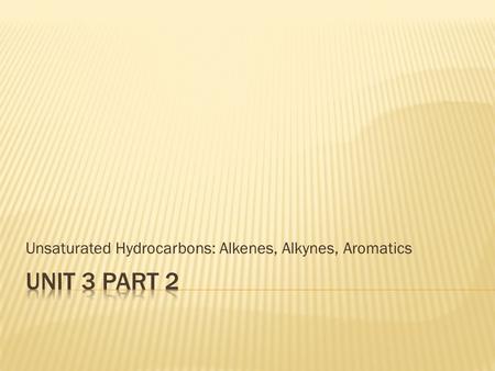 Unsaturated Hydrocarbons: Alkenes, Alkynes, Aromatics.