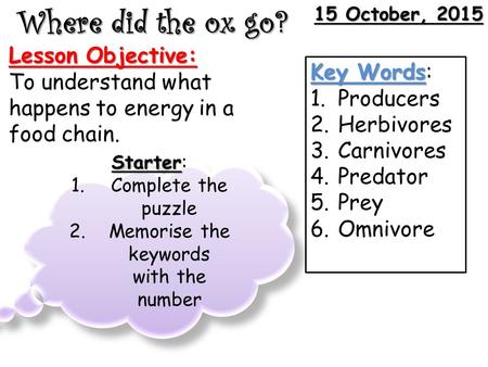 Key Words Key Words: 1.Producers 2.Herbivores 3.Carnivores 4.Predator 5.Prey 6.Omnivore 15 October, 201515 October, 201515 October, 2015 Where did the.