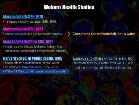 Woburn Health Studies Massachusetts DPH, 1979 reviewed mortality statistics 1969 -1979 Massachusetts DPH, 1981 cancer incidence and environmental hazards.