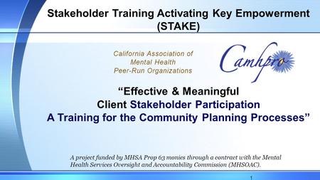 Stakeholder Training Activating Key Empowerment (STAKE) “Effective & Meaningful Client Stakeholder Participation A Training for the Community Planning.