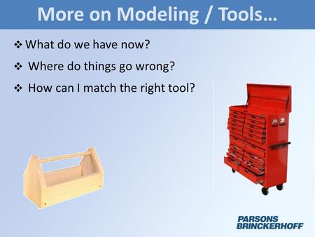 More on Modeling / Tools…  What do we have now?  Where do things go wrong?  How can I match the right tool?