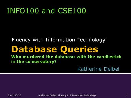 Fluency with Information Technology INFO100 and CSE100 Katherine Deibel 2012-05-23Katherine Deibel, Fluency in Information Technology1.