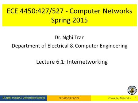 ECE 4450:427/527 - Computer Networks Spring 2015 Dr. Nghi Tran Department of Electrical & Computer Engineering Lecture 6.1: Internetworking Dr. Nghi Tran.