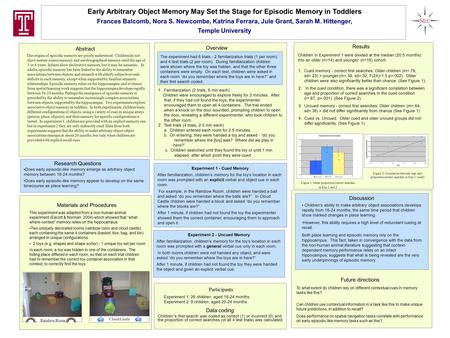 Early Arbitrary Object Memory May Set the Stage for Episodic Memory in Toddlers Frances Balcomb, Nora S. Newcombe, Katrina Ferrara, Jule Grant, Sarah M.