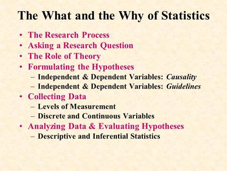 The What and the Why of Statistics The Research Process Asking a Research Question The Role of Theory Formulating the Hypotheses –Independent & Dependent.