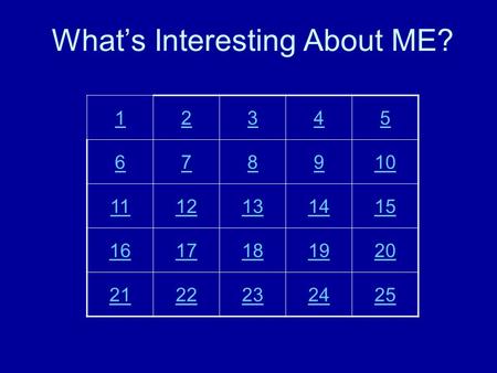 What’s Interesting About ME? 12345 678910 1112131415 1617181920 2122232425.