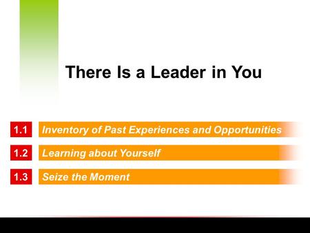 Inventory of Past Experiences and Opportunities1.1 1.2Learning about Yourself 1.3Seize the Moment There Is a Leader in You.