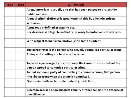 TrueFalseQuick Quiz A regulatory law is usually one that has been passed to protect the public welfare. A quasi-criminal offence is usually punishable.