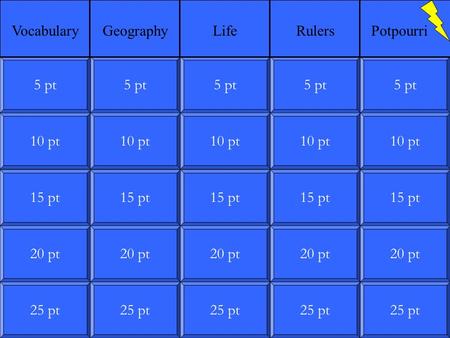 10 pt 15 pt 20 pt 25 pt 5 pt 10 pt 15 pt 20 pt 25 pt 5 pt 10 pt 15 pt 20 pt 25 pt 5 pt 10 pt 15 pt 20 pt 25 pt 5 pt 10 pt 15 pt 20 pt 25 pt 5 pt VocabularyGeographyLifeRulersPotpourri.