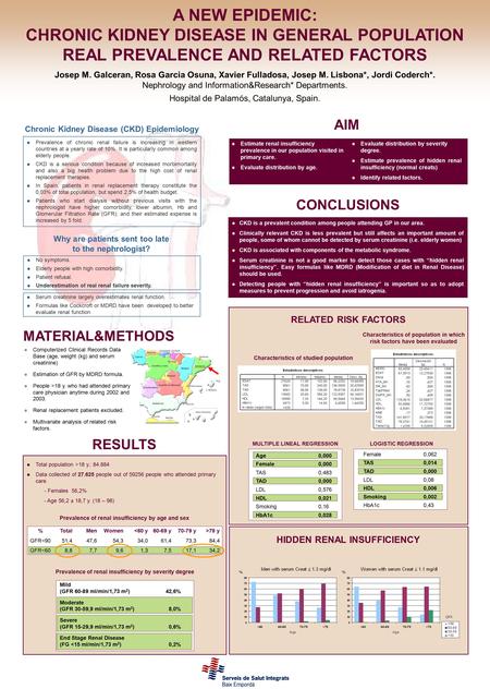 Chronic Kidney Disease (CKD) Epidemiology A NEW EPIDEMIC: CHRONIC KIDNEY DISEASE IN GENERAL POPULATION REAL PREVALENCE AND RELATED FACTORS Josep M. Galceran,