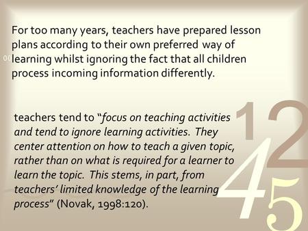 For too many years, teachers have prepared lesson plans according to their own preferred way of learning whilst ignoring the fact that all children process.