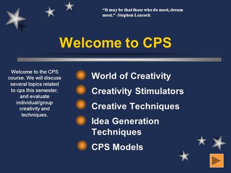 Welcome to CPS World of Creativity Creativity Stimulators Creative Techniques Idea Generation Techniques CPS Models Welcome to the CPS course. We will.