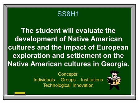 SS8H1 The student will evaluate the development of Native American cultures and the impact of European exploration and settlement on the Native American.