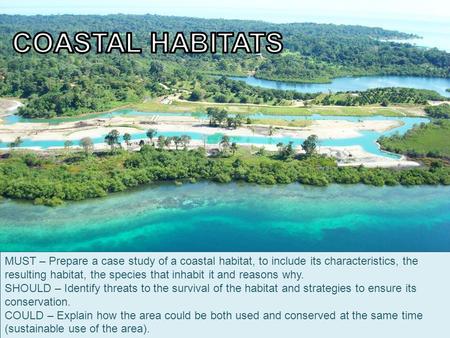 MUST – Prepare a case study of a coastal habitat, to include its characteristics, the resulting habitat, the species that inhabit it and reasons why. SHOULD.