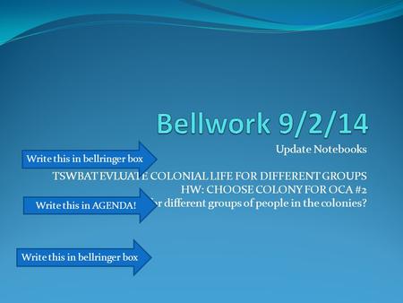 Update Notebooks TSWBAT EVLUATE COLONIAL LIFE FOR DIFFERENT GROUPS HW: CHOOSE COLONY FOR OCA #2 EQ: What was like life for different groups of people in.