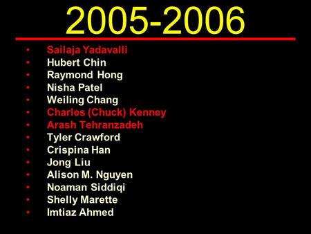 2005-2006 Sailaja Yadavalli Hubert Chin Raymond Hong Nisha Patel Weiling Chang Charles (Chuck) Kenney Arash Tehranzadeh Tyler Crawford Crispina Han Jong.