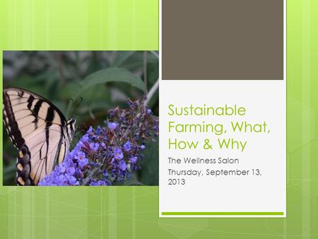 Sustainable Farming, What, How & Why The Wellness Salon Thursday, September 13, 2013.