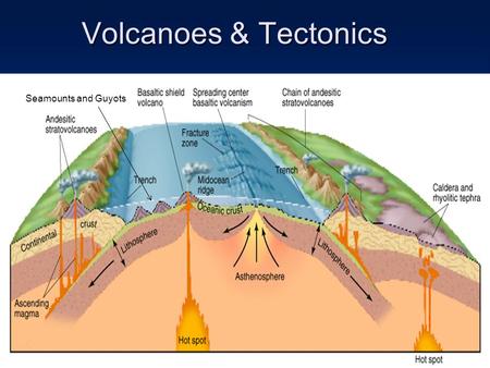 Volcanoes & Tectonics Seamounts and Guyots. Lava Viscosity (silica, Temp.) & explosiveness Basaltic lava - less silica and higher temperature, low viscosity,