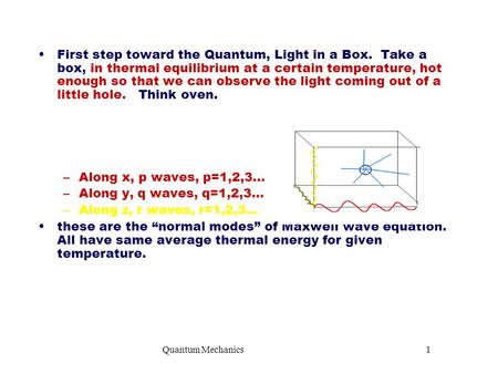 Quantum Mechanics1 First step toward the Quantum, Light in a Box. Take a box, in thermal equilibrium at a certain temperature, hot enough so that we can.