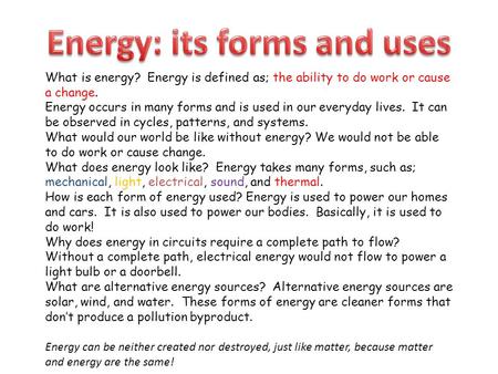 Energy: its forms and uses