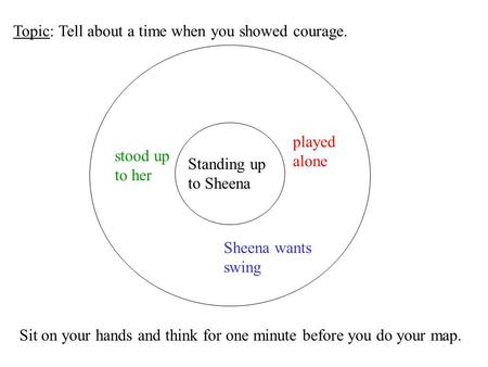 Standing up to Sheena played alone Sheena wants swing stood up to her Topic: Tell about a time when you showed courage. Sit on your hands and think for.