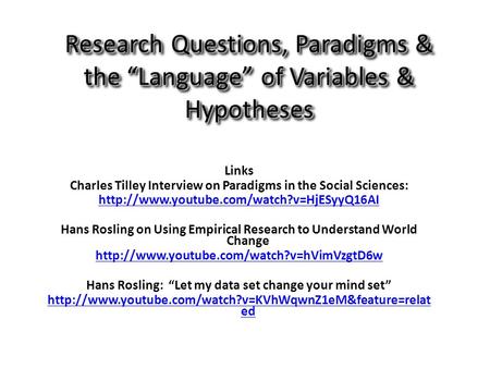 Research Questions, Paradigms & the “Language” of Variables & Hypotheses Links Charles Tilley Interview on Paradigms in the Social Sciences: