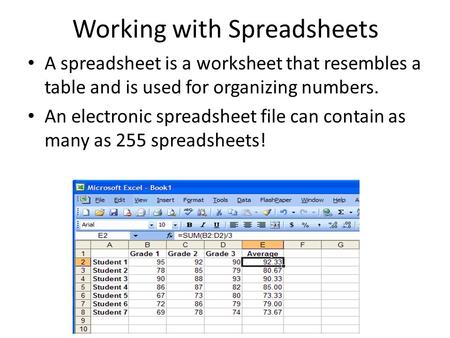 Working with Spreadsheets A spreadsheet is a worksheet that resembles a table and is used for organizing numbers. An electronic spreadsheet file can contain.