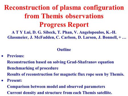 A T Y Lui, D. G. Sibeck, T. Phan, V. Angelopoulos, K.-H. Glassmeier, J. McFadden, C. Carlson, D. Larson, J. Bonnell, + … Outline  Previous: Reconstruction.