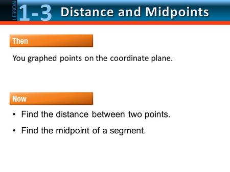 LESSON Then/Now You graphed points on the coordinate plane. Find the distance between two points. Find the midpoint of a segment.