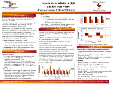 INTRODUCTION METHOD RESULTS Correspondence to: Autonomic reactivity in high and low trait worry Recruitment phase 450 female undergraduates.