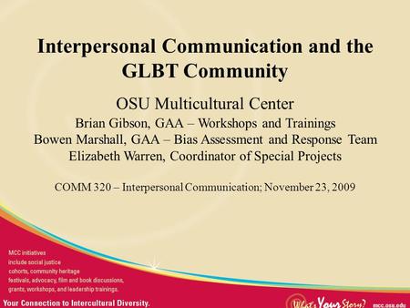 Presentation Title Interpersonal Communication and the GLBT Community OSU Multicultural Center Brian Gibson, GAA – Workshops and Trainings Bowen Marshall,