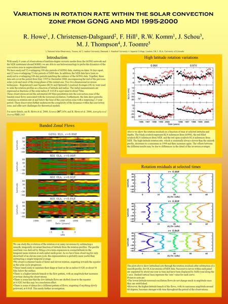 Variations in rotation rate within the solar convection zone from GONG and MDI 1995-2000 R. Howe 1, J. Christensen-Dalsgaard 2, F. Hill 1, R.W. Komm 1,