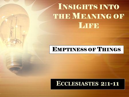 I NSIGHTS INTO THE M EANING OF L IFE E CCLESIASTES 2:1-11 E MPTINESS OF T HINGS.