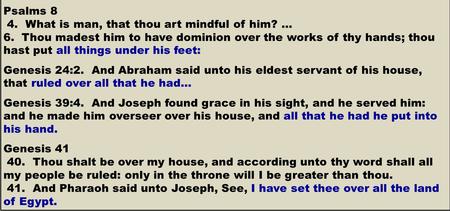 Psalms 8 4. What is man, that thou art mindful of him? … 6. Thou madest him to have dominion over the works of thy hands; thou hast put all things under.