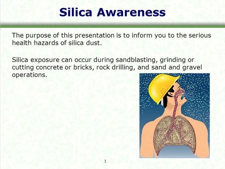 Silica Awareness The purpose of this presentation is to inform you to the serious health hazards of silica dust. Silica exposure can occur during sandblasting,