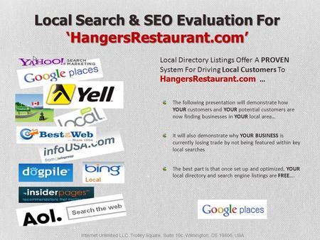 Internet Unlimited LLC. Trolley Square, Suite 19c, Wilmington, DE 19806, USA Local Search & SEO Evaluation For ‘HangersRestaurant.com’ Local Directory.
