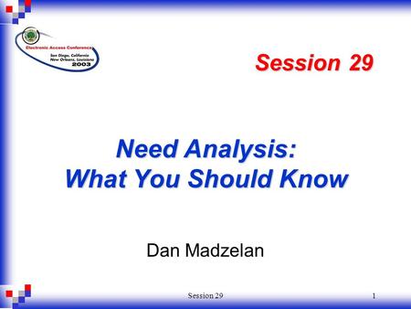 Session 291 Need Analysis: What You Should Know Dan Madzelan Session 29.