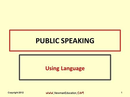 PUBLIC SPEAKING Using Language Copyright 2012 1. Q:Crusade or Jihad? 1. Holy war undertaken as a sacred duty. 2. Any vigorous, emotional movement for.