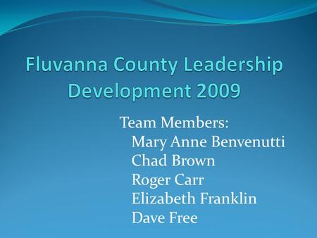 Team Members: Mary Anne Benvenutti Chad Brown Roger Carr Elizabeth Franklin Dave Free.