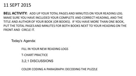 11 SEPT 2015 BELL ACTIVITY: ADD UP YOUR TOTAL PAGES AND MINUTES ON YOUR READING LOG. MAKE SURE YOU HAVE INCLUDED YOUR COMPLETE AND CORRECT HEADING, AND.