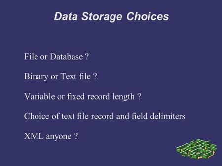 Data Storage Choices File or Database ? Binary or Text file ? Variable or fixed record length ? Choice of text file record and field delimiters XML anyone.