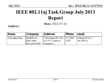 Doc.: IEEE 802.11-13/0754r3 Submission July 2013 Xiaoming PengSlide 1 Date: 2012-07-16 Authors: IEEE 802.11aj Task Group July 2013 Report.