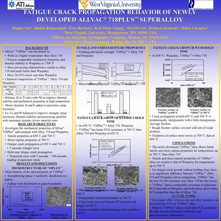 FATIGUE CRACK PROPAGATION BEHAVIOR OF NEWLY DEVELOPED ALLVAC ® 718PLUS ™ SUPERALLOY Xingbo Liu 1, Shalini Rangarajan 1, Ever Barbero 1, Keh-Minn Chang.