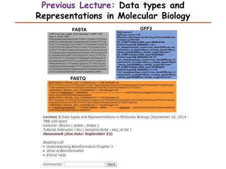 Previous Lecture: Data types and Representations in Molecular Biology.