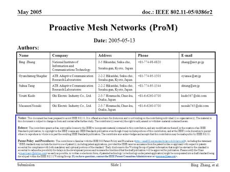 Doc.: IEEE 802.11-05/0386r2 Submission Bing Zhang, et al. May 2005 Slide 1 Proactive Mesh Networks (ProM) Date: 2005-05-13 Authors: Notice: This document.