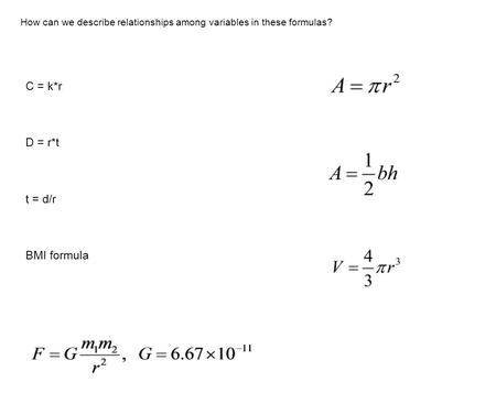 C = k*r D = r*t t = d/r BMI formula How can we describe relationships among variables in these formulas?